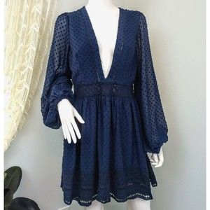 Vanilla Bay Dress Sz L V Neck Low Cut Texture Blue Sheer Dress